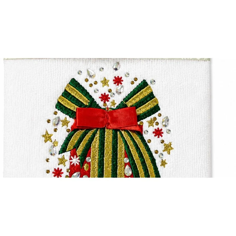 Christmas Present Hand Towels Set of 2 White Embroidered Rhinestone Holiday